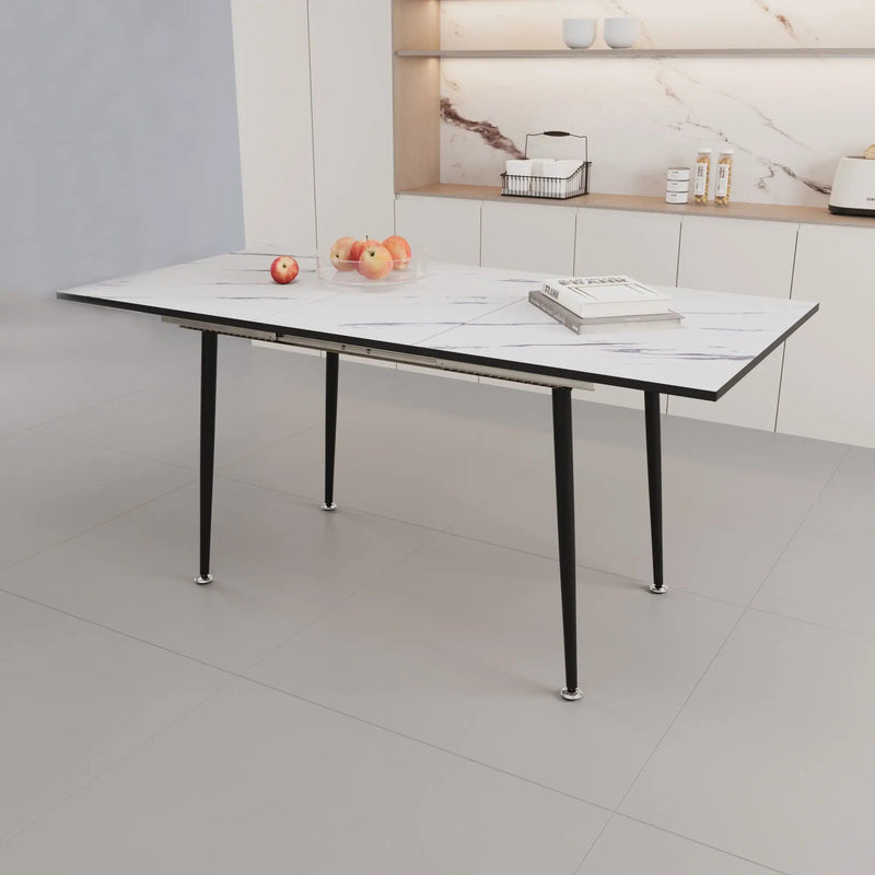 Modern Industrial Expandable Dining Table 47" To With Marble Pattern Top And Metal Legs - White by Unique Piece Furniture