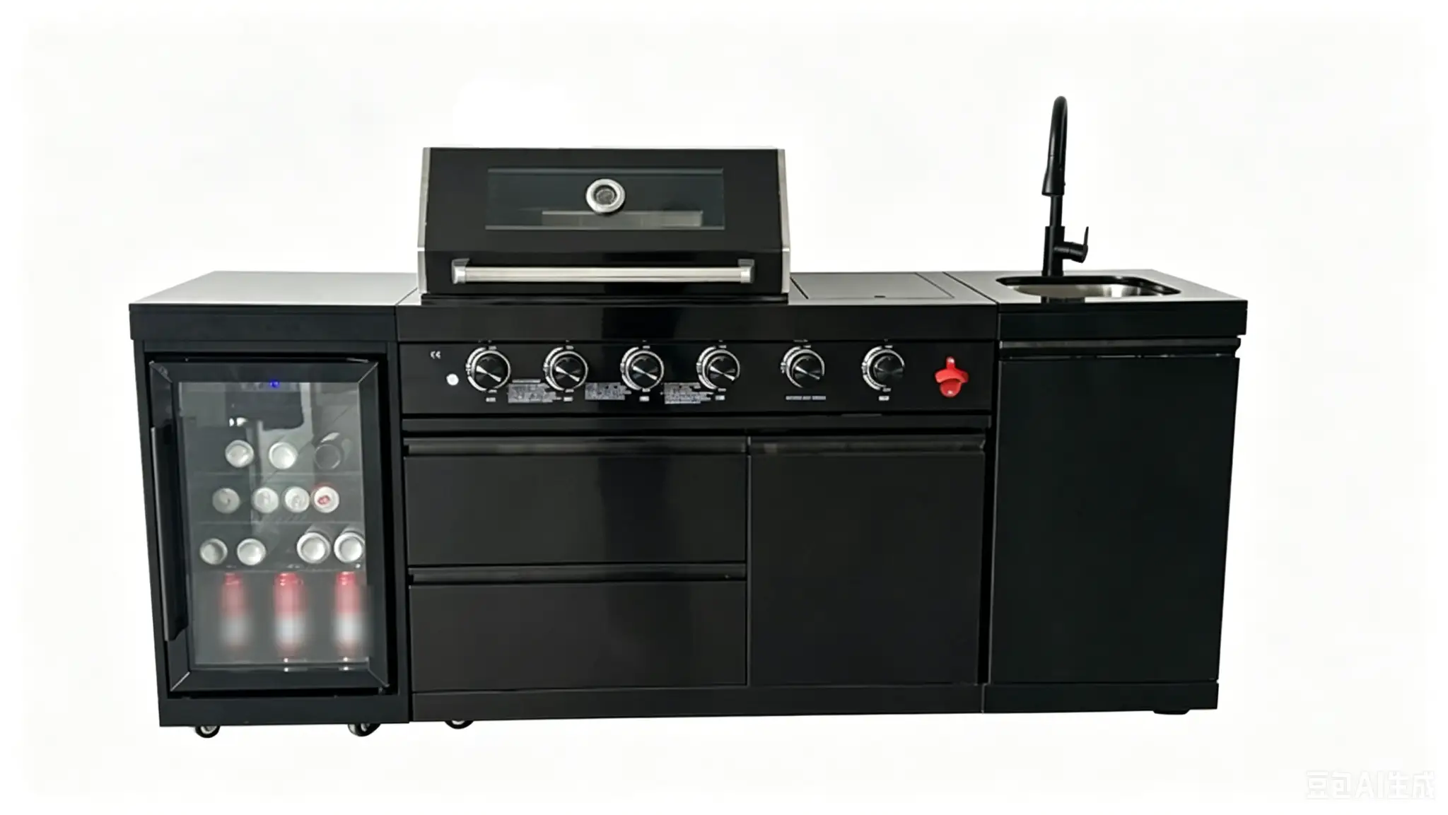 85" 4-Burner 72000 BTU Black Outdoor Kitchen Island Grill with Compact Refrigerator Marble Countertops Sink by Chery Industrial