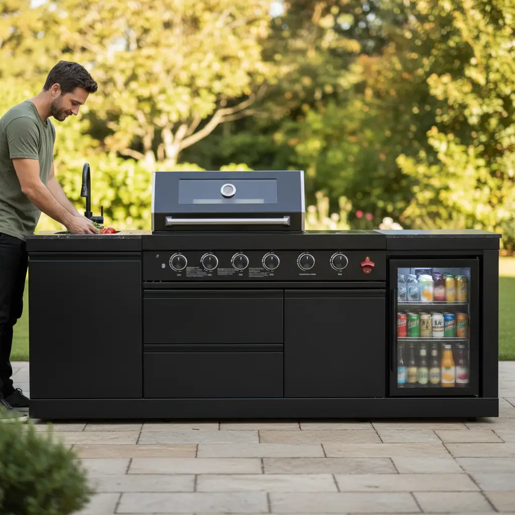 85" 4-Burner 72000 BTU Black Outdoor Kitchen Island Grill with Compact Refrigerator Marble Countertops Sink by Chery Industrial
