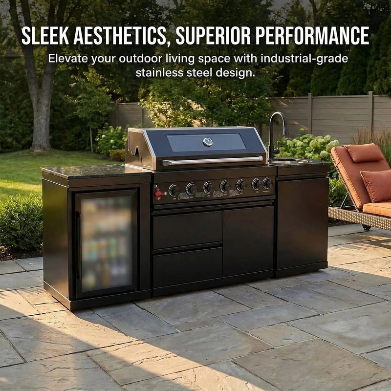 82" 6-Burner 85,000 BTU Gas Outdoor Kitchen Island Grill Stainless Steel Sink Wine Cooler by Chery Industrial