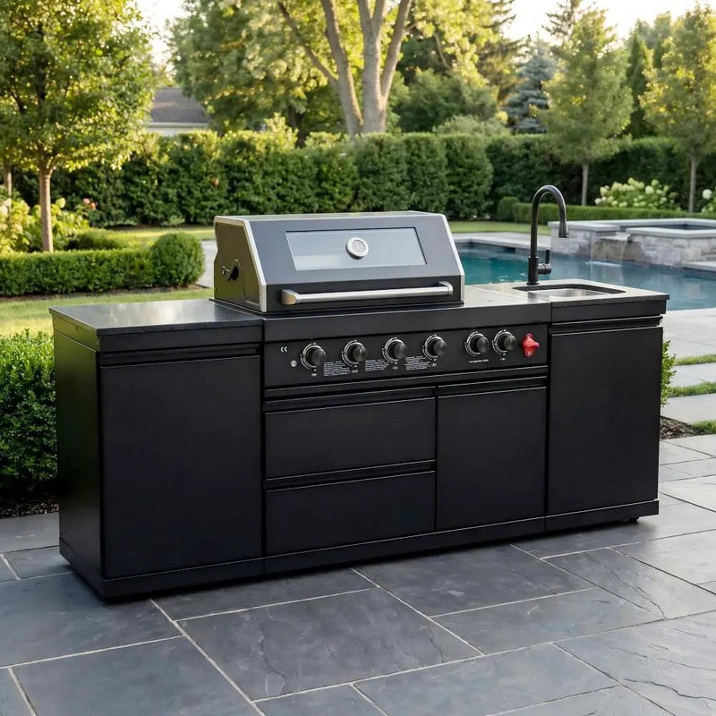 85" 4-Burner 85,000 BTU Black Outdoor Kitchen Island Grill + Storage Cabinets + Sink by Chery Industrial