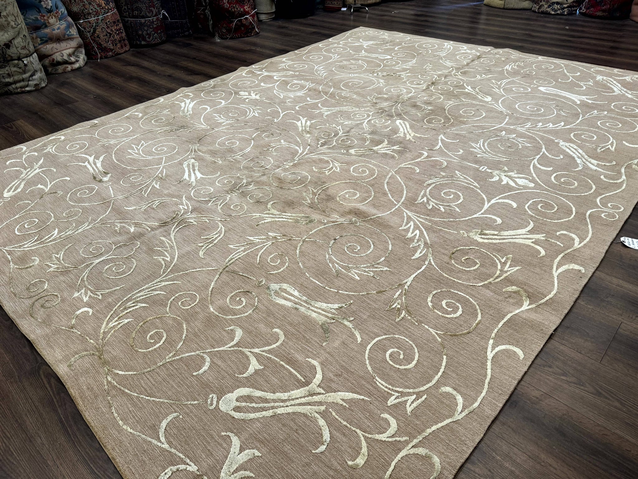 Tibetan Rug 9x12 Wool and Silk Beige Modern Handmade Carpet by Jewel Rugs