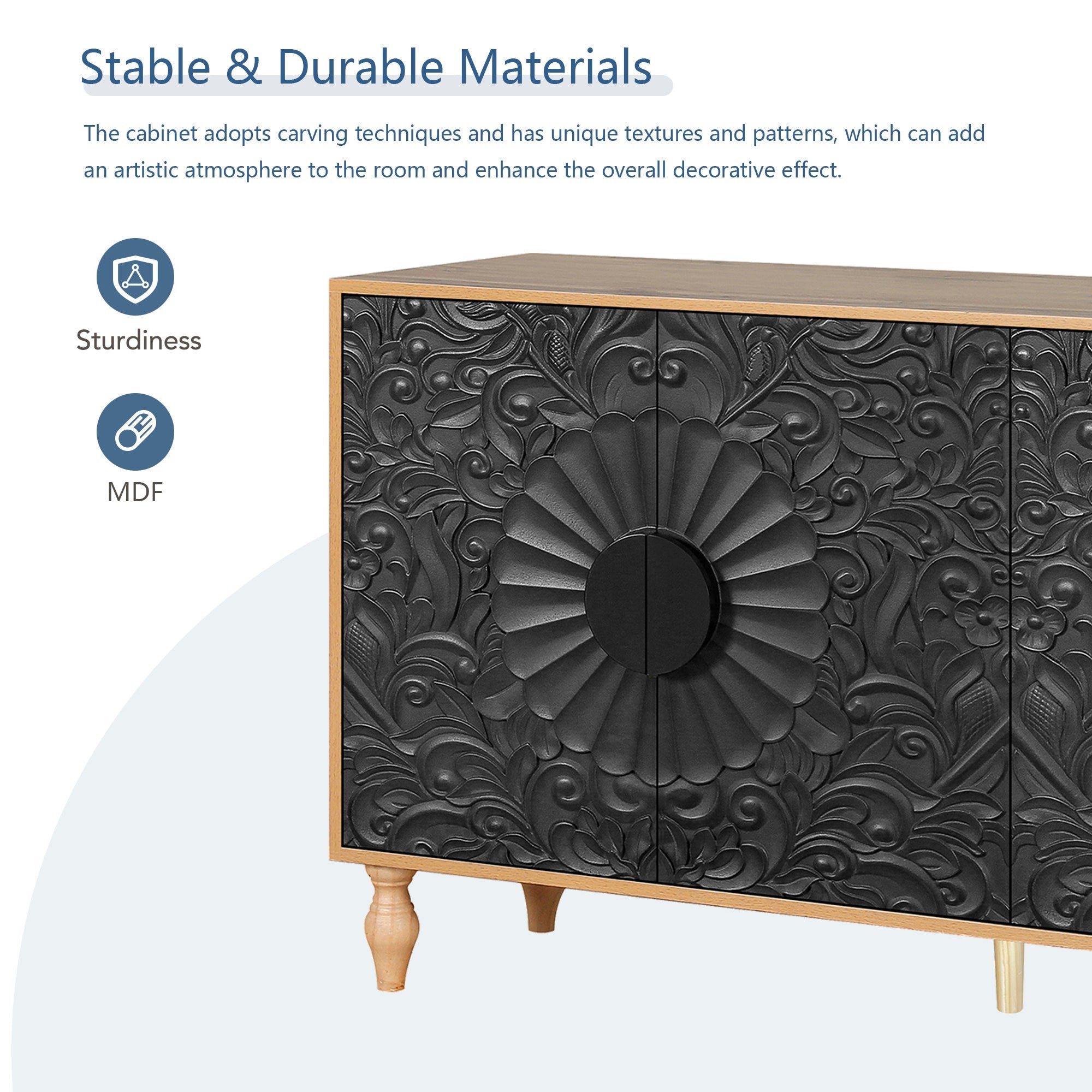 Black Carved Symmetrical Design Door And Wood Coloured Frame TV Stand by HouseOfZazla