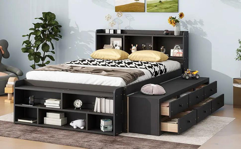 Bed With Bookcase Headboard, Under Bed Storage Drawers And Bed End Storage Case by HouseOfZazla