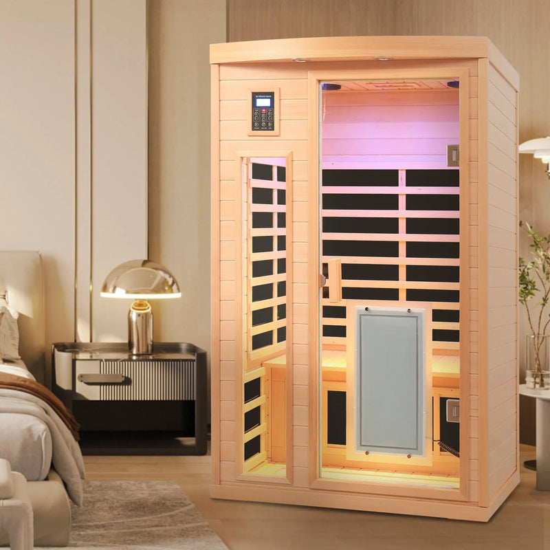 Low EMF, There is also a heating plate on the glass door, Hemlock wood Far-infrared indoor Two person sauna room by HouseOfZazla
