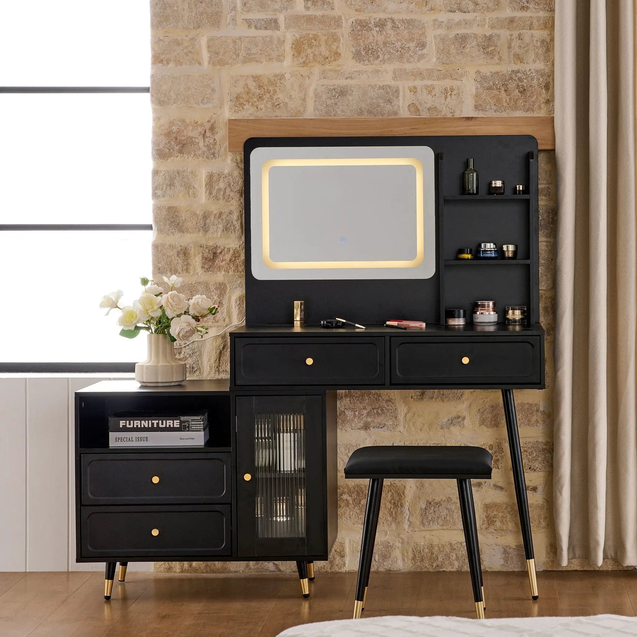 Modern Makeup Vanity Desk With Mirror And Lights Retractable Design Engineered Wood - Black by HouseOfZazla