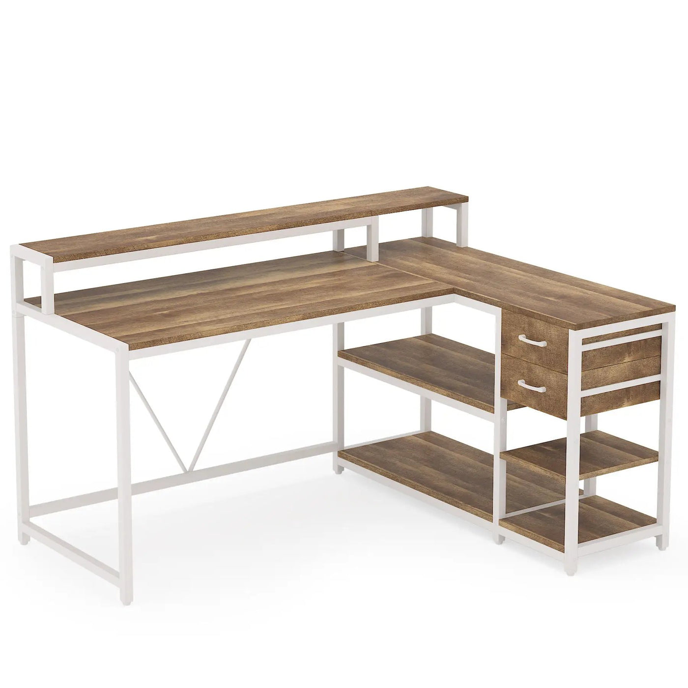 L-Shaped Home Office Desk With Monitor Riser, Drawers, And Storage Shelves by HouseOfZazla