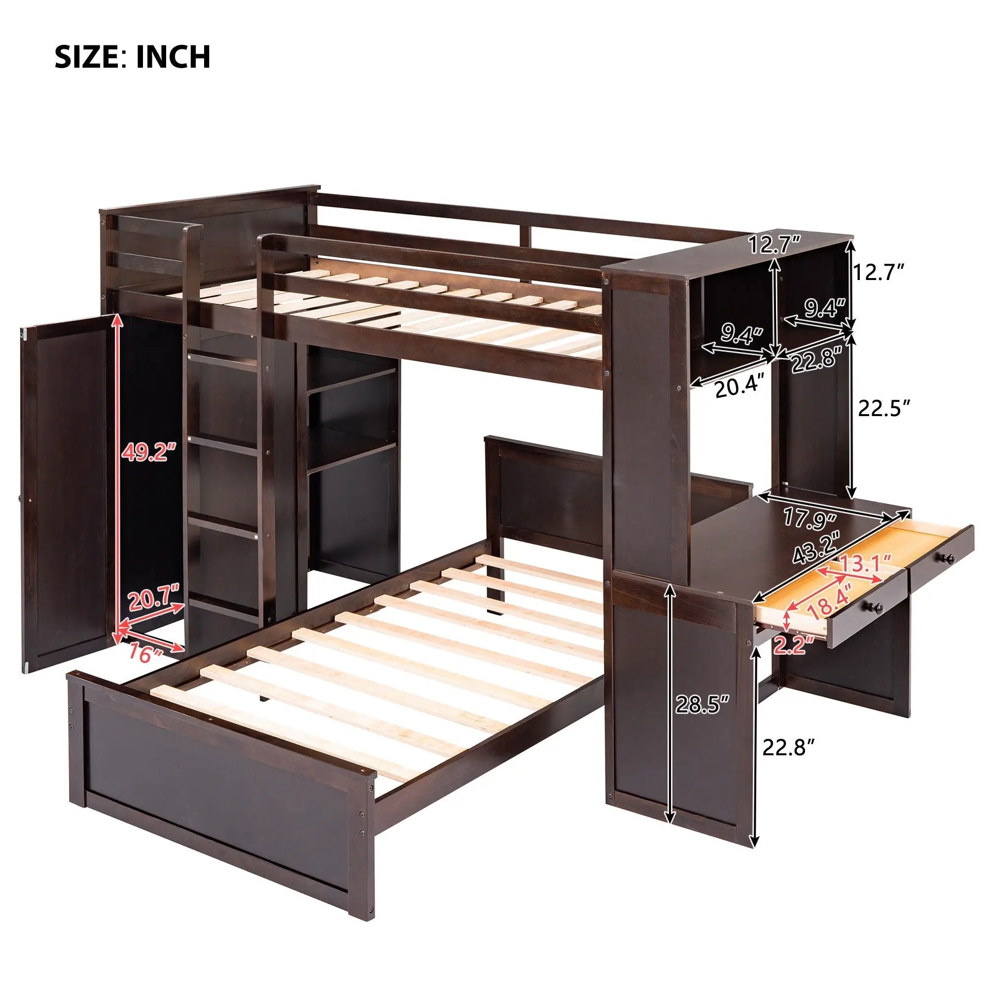 Loft Bed With A Stand Alone Bed, Shelves, Desk, And Wardrobe by HouseOfZazla