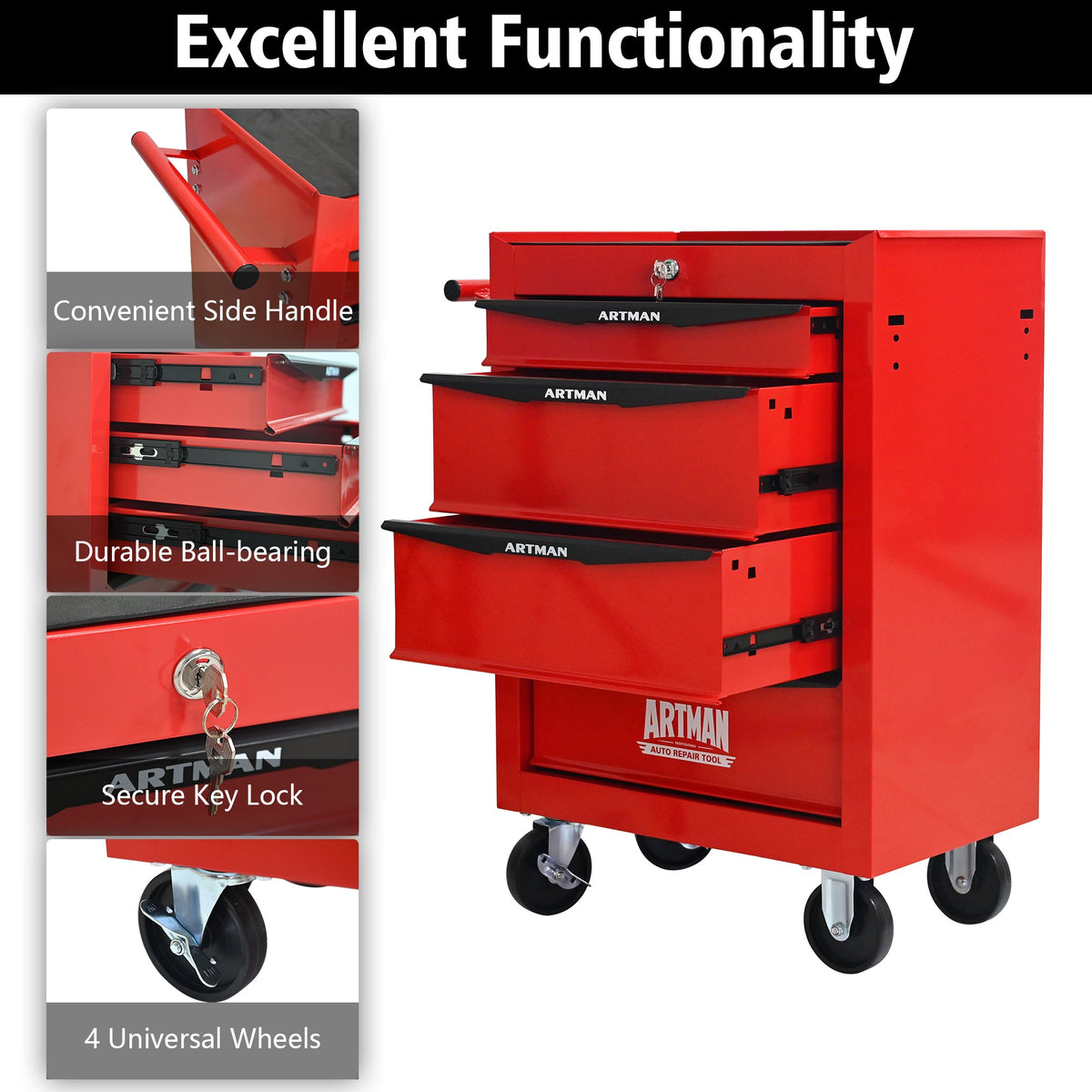Rolling Metal Tool Chest with 4 Drawers - Red & Black, photo 4 of 10