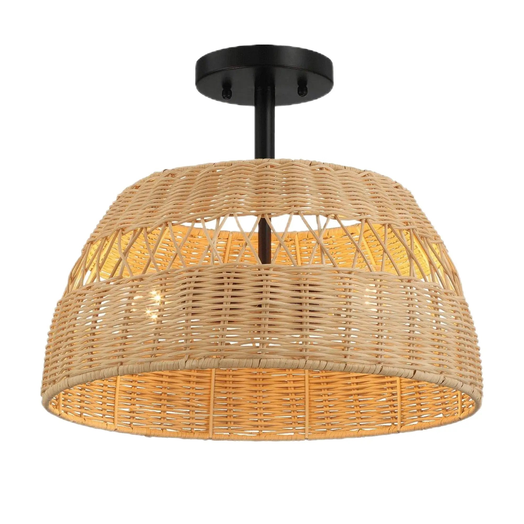 Twinkle - Double Lights Semi Flush With Shade - Black / Rattan by Unique Piece Furniture