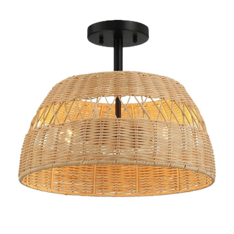 Twinkle - Double Lights Semi Flush With Shade - Black / Rattan by Unique Piece Furniture