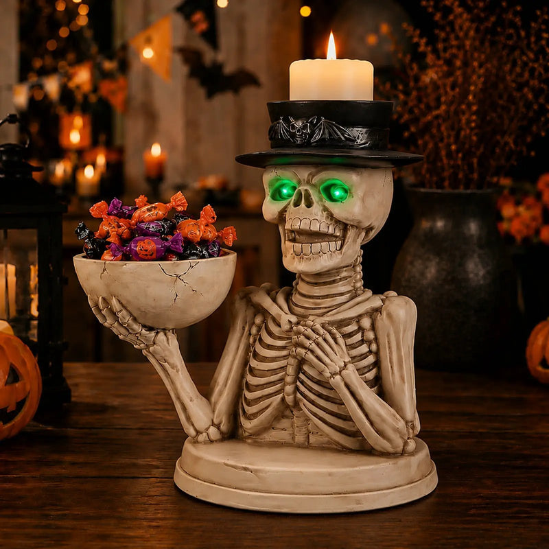 Halloween Skeleton Figurine with Storage Bowl & Candle Holder by HouseOfZazla
