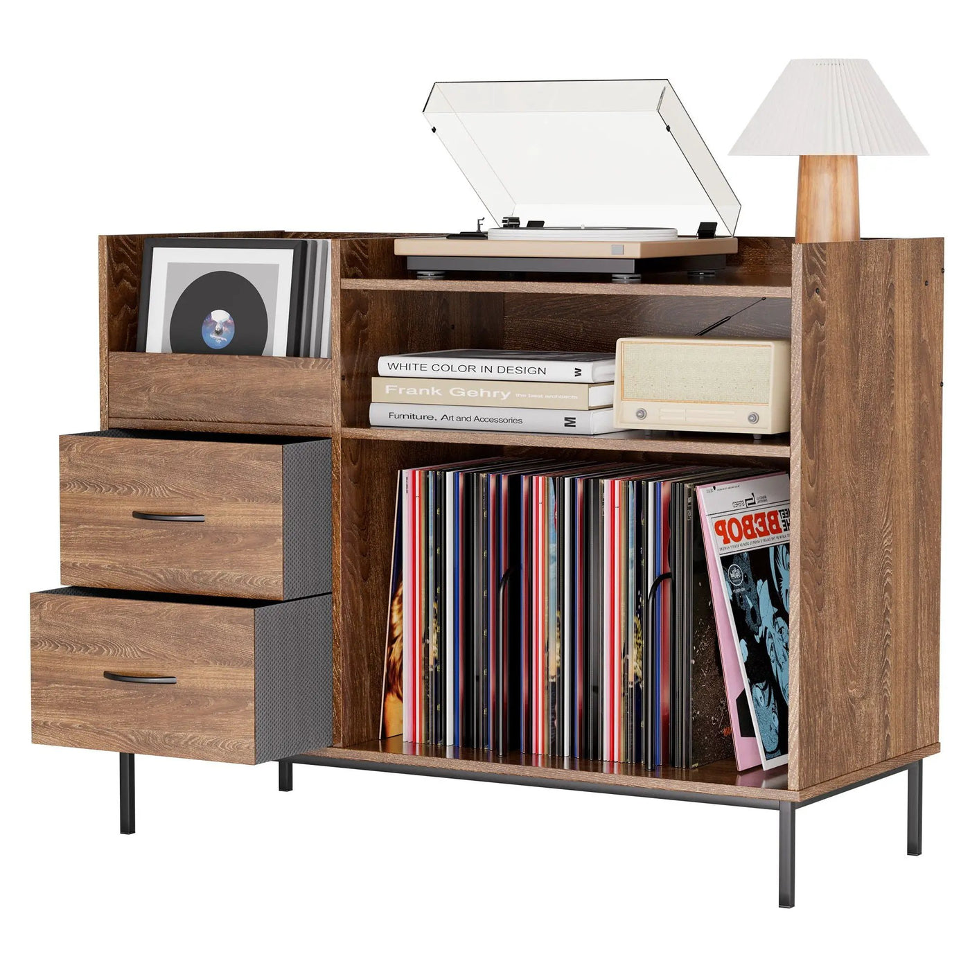 Eco-Friendly Vinyl Record Player Stand With Flip-Top Storage, Media Console With Dual Outlets And Dustproof Drawers by HouseOfZazla