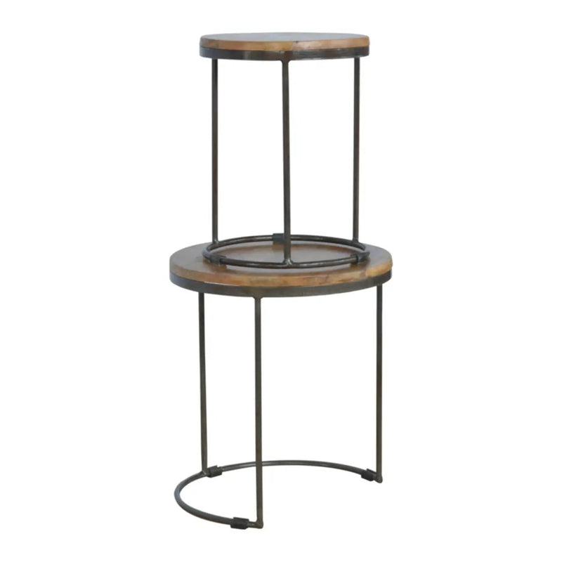 Round Stool Table With Iron Base (Set of 2) - Brown / Black by HouseOfZazla