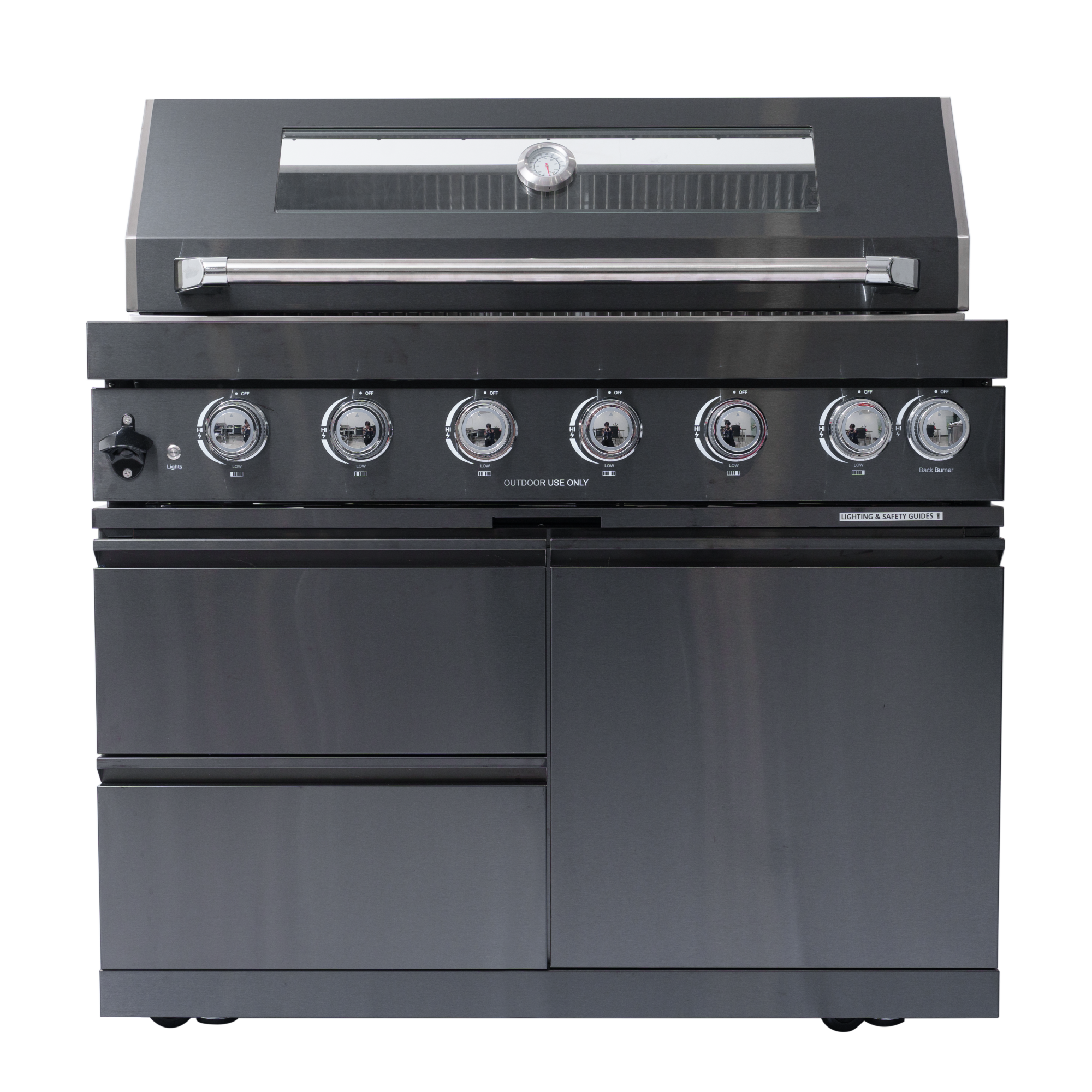 NG 85" 6-Burner 85,000 BTU Black Outdoor Kitchen Island Grill Refrigerator + Rotisserie Kit + Sink by Chery Industrial