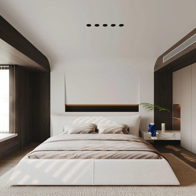 King Size Platform Bed With Special-Shaped Headboard - Cream by HouseOfZazla
