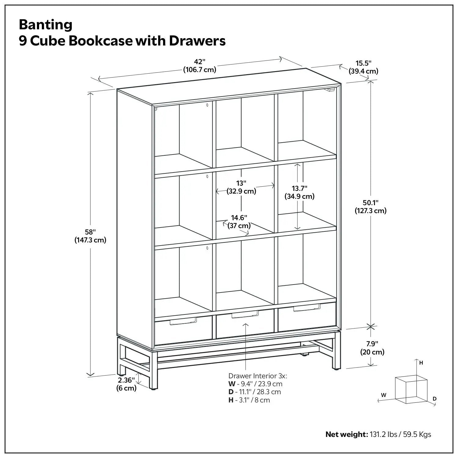 Banting - 9 Cube Bookcase With Drawers - Walnut Brown by HouseOfZazla