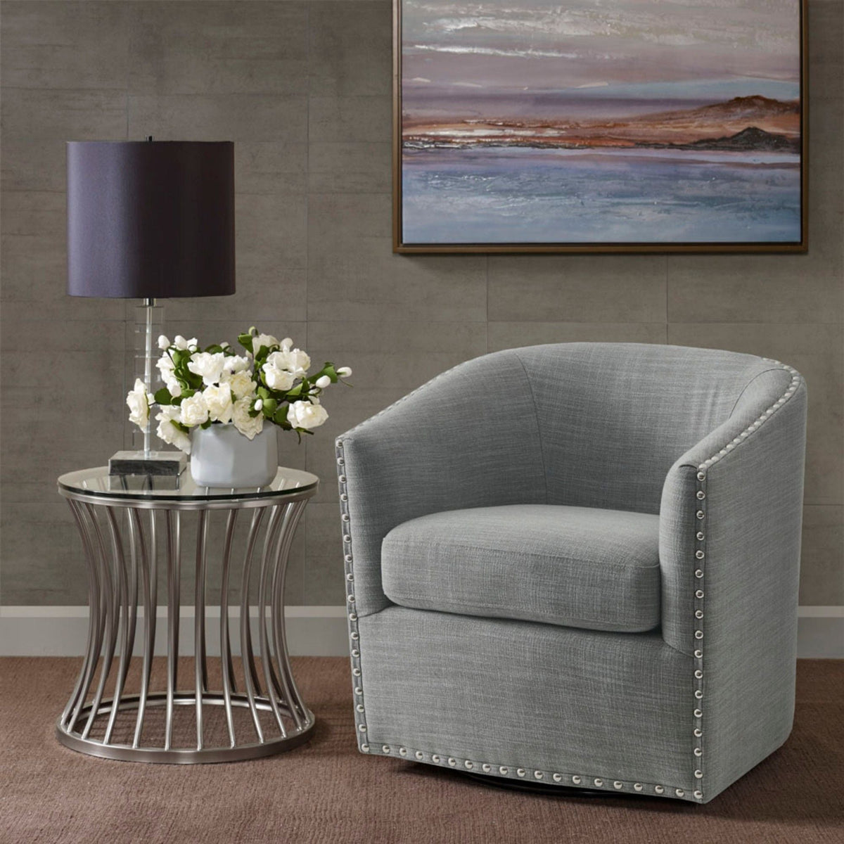 Luxurious Swivel Chair with 360 Degree Rotation and Nailhead Trim - Pearl Silver, photo 26 of 40