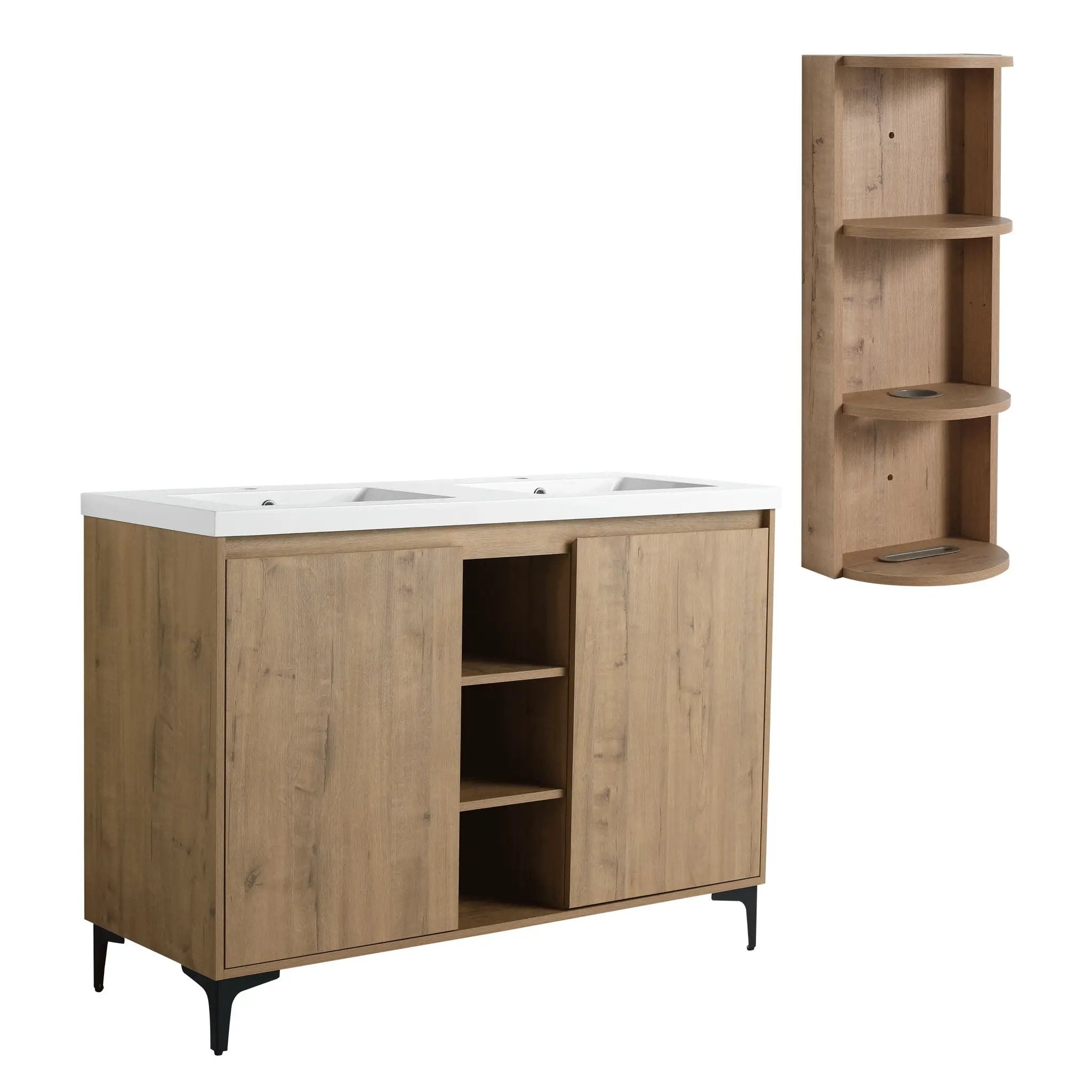 Elegant 48" Freestanding Bathroom Vanity With Double Resin Sink And Storage Rack Soft Close Doors - Imitative Oak by HouseOfZazla