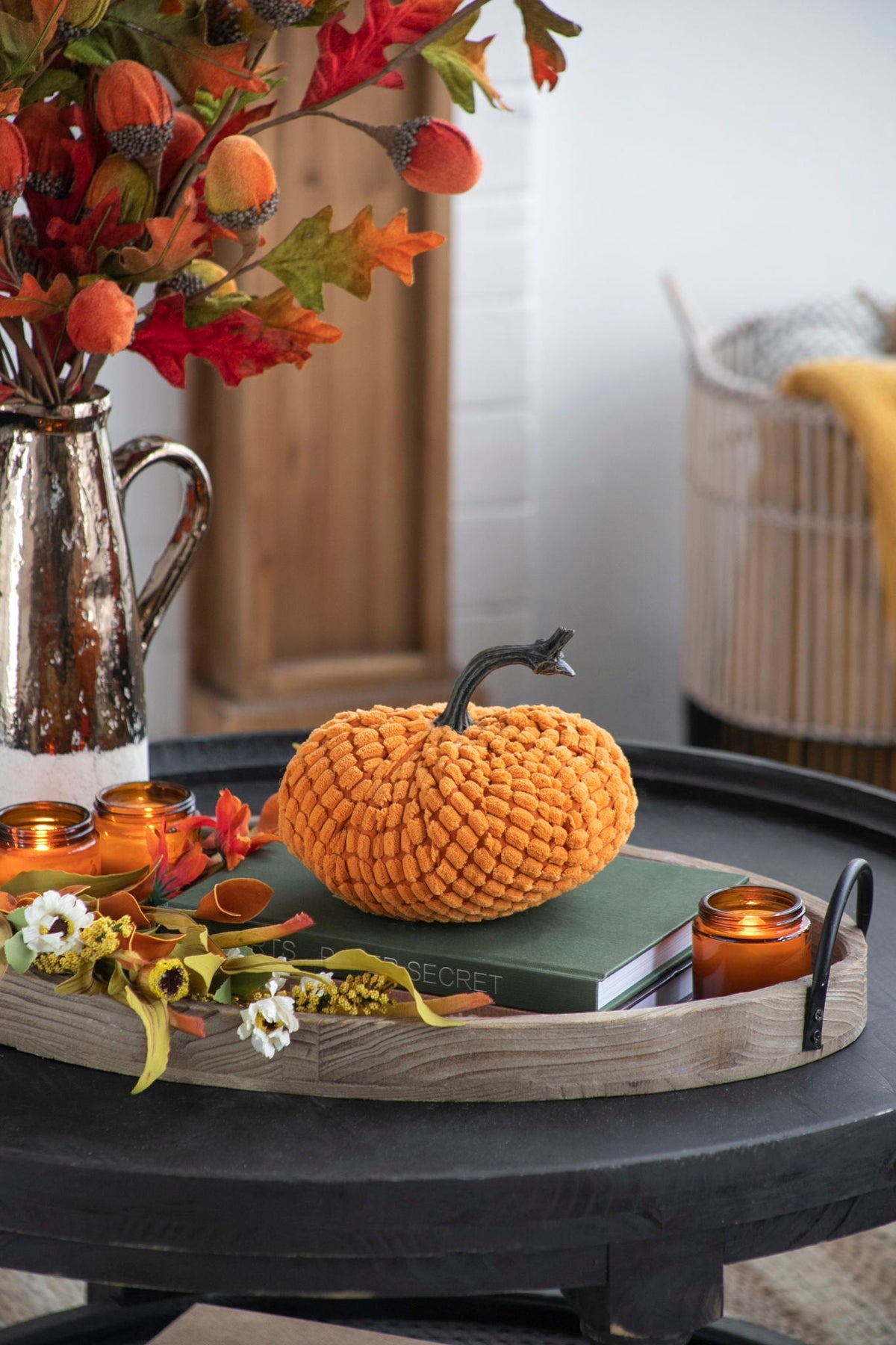 Chenille Weighted Pumpkin Ornament Decor - Harvest Festival Table Accents, photo 28 of 40
