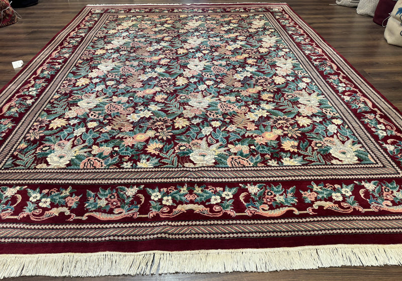 Pakistani Rug 9x12 William Morris Maroon Vintage Floral Wool by Jewel Rugs