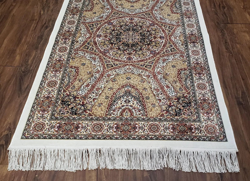 Persian Design Silk Accent Rug, Dome Medallion, Allover Pattern Oriental Carpet, Small Silk Rug, Cream, Ivory, Bamboo Silk, 2' 8" x 4' 1" by Jewel Rugs