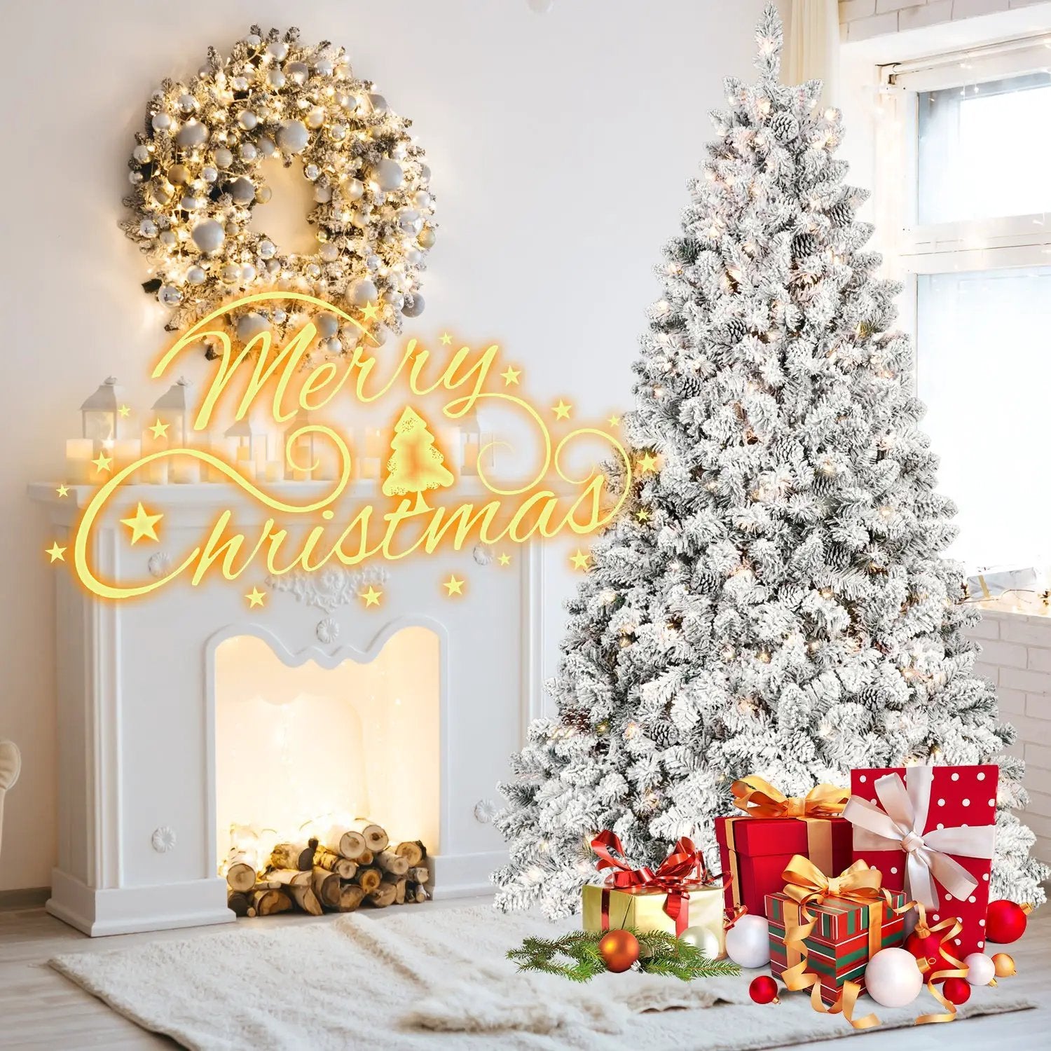 6FT Flocked Christmas Tree with 350 UL Lights and 35 Pine Cones by HouseOfZazla