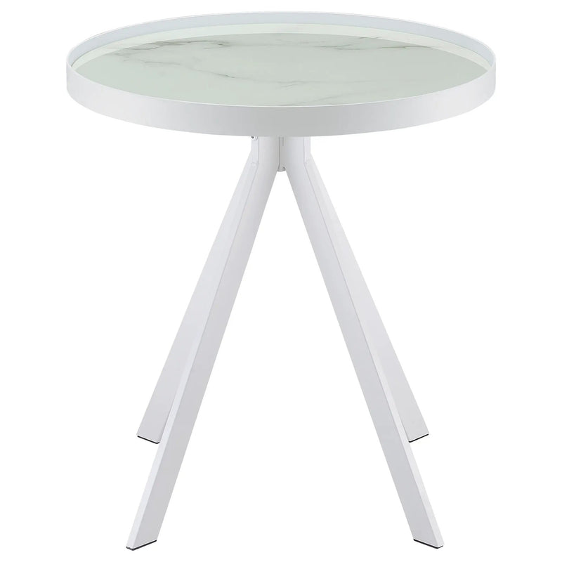 Briggs Round Marble Printed Glass Top End Side Table White by Unique Piece Furniture