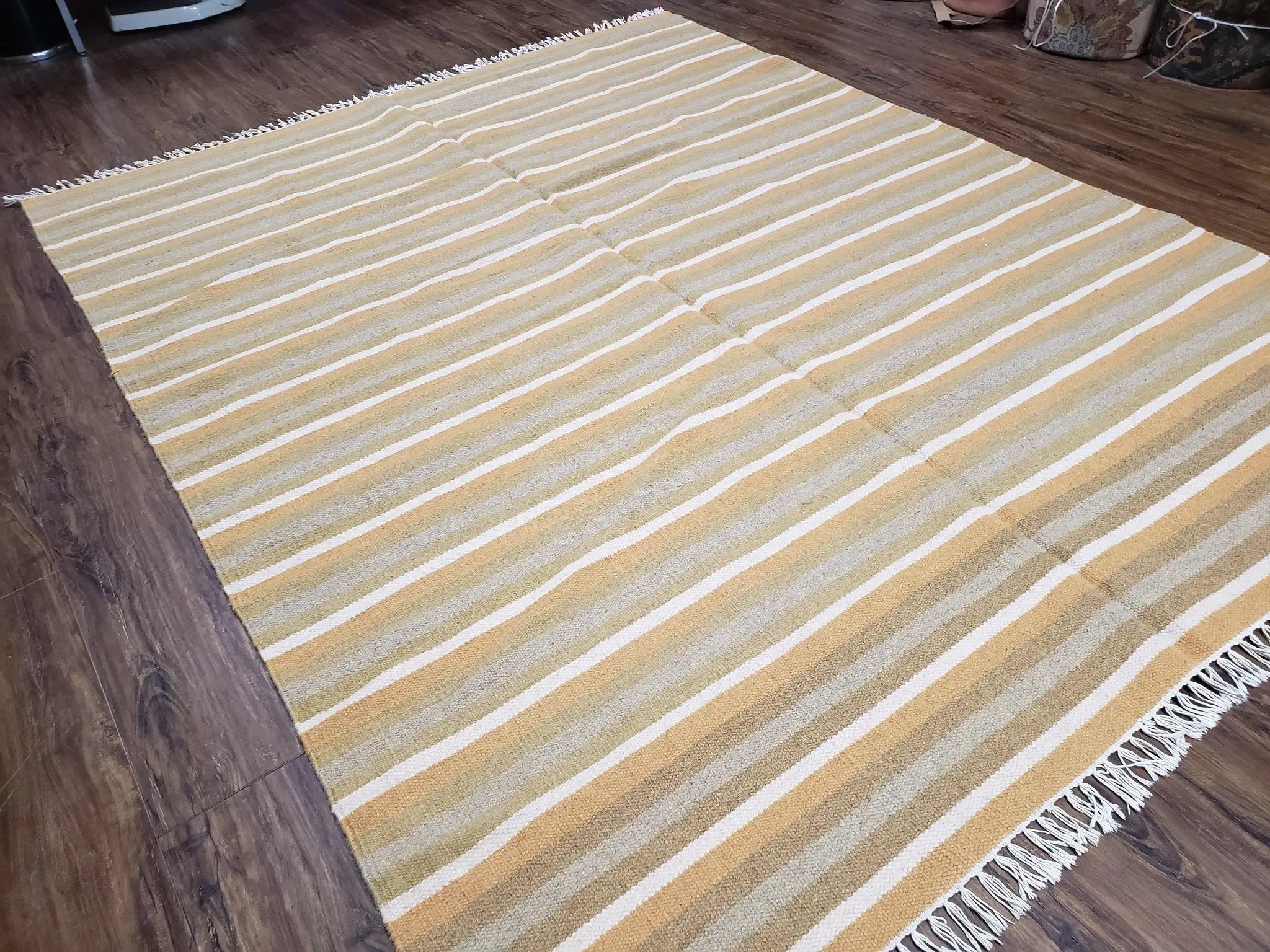 New Indian Kilim Area Rug, 6x8 - 7x8 South American Style Blanket, Striped Indian Wool Hand-Woven Flat Weave 6x9 Bedroom Rug, Ivory Ochre by Jewel Rugs