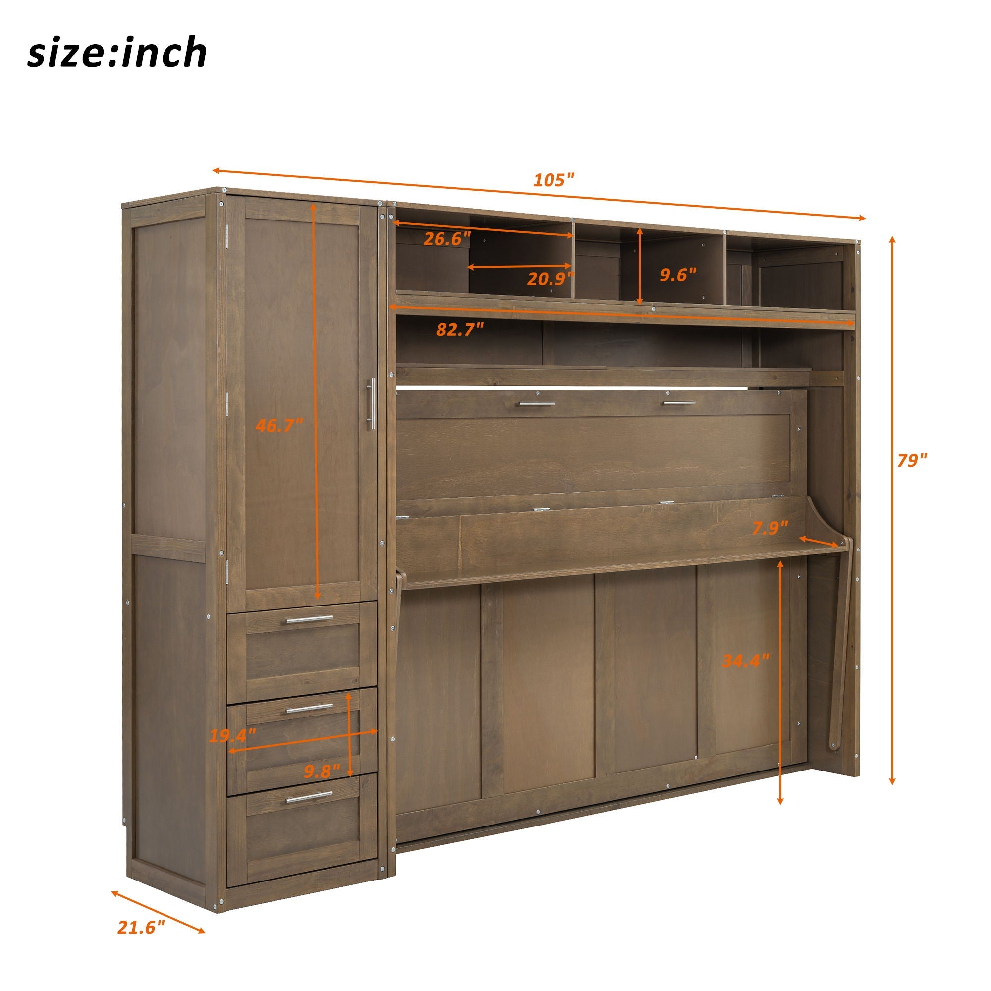 Full Size Murphy Bed With Wardrobe, Drawers, And Open Shelves - Wood by HouseOfZazla
