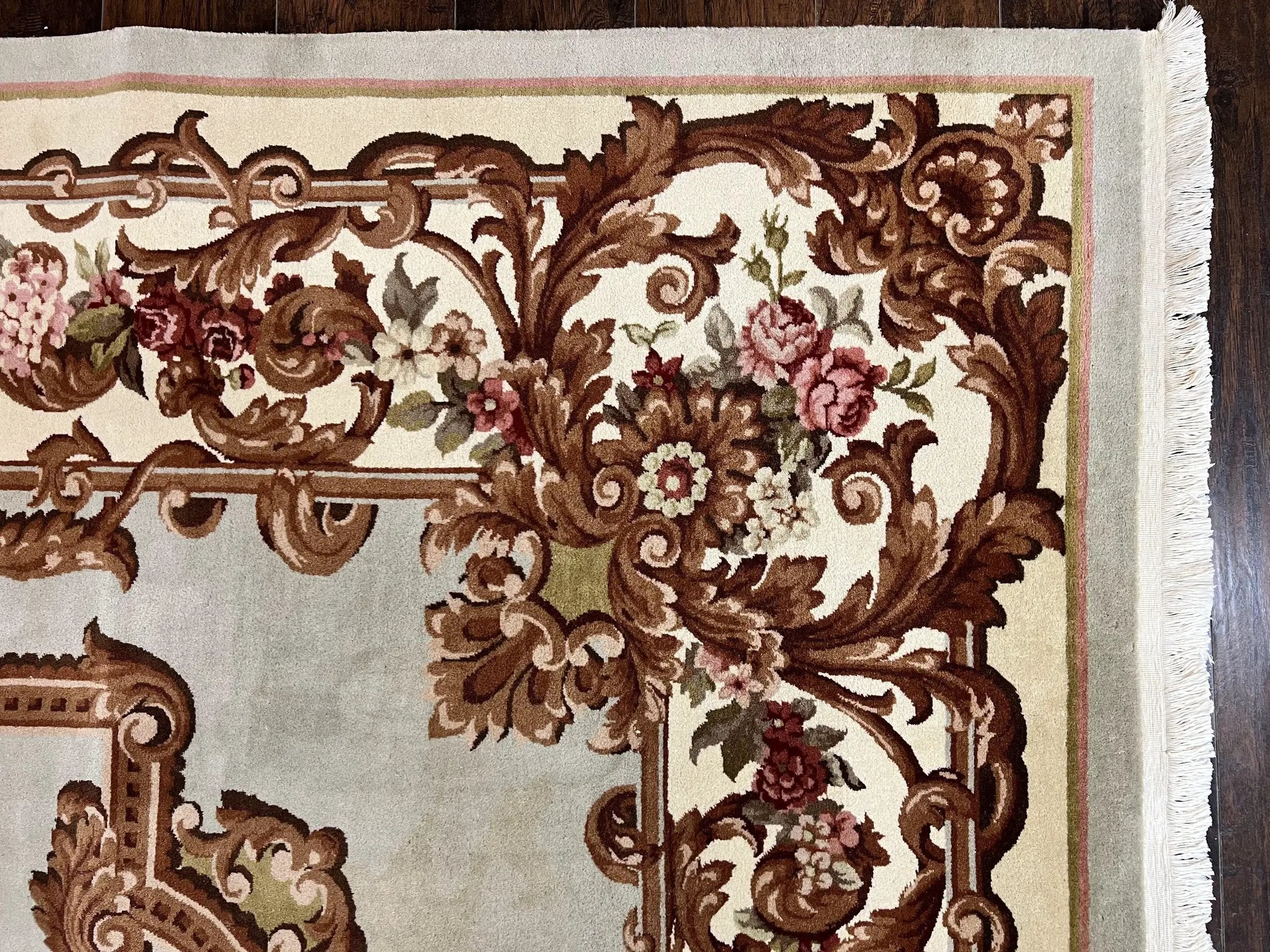 Aubusson Rug 10x13, Cream and Light Mint Green Hand Knotted Handmade French Savonnerie European Carpet, Wool Pile, Large Room Sized Vintage by Jewel Rugs