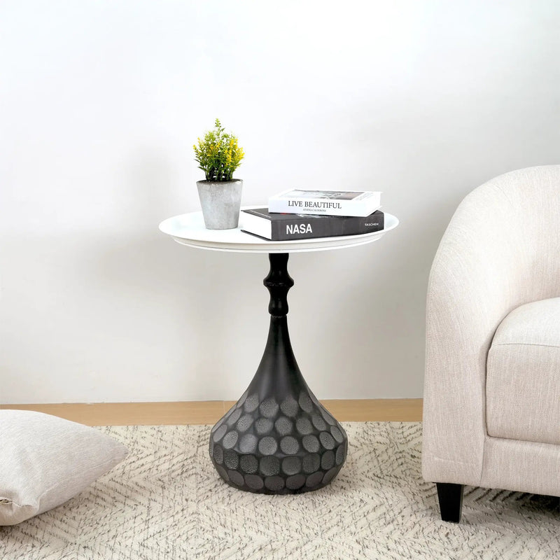 Accent Metal Coffee Table, Pedestal Table for Living Room, Hand-Hammered Texture, White+Black by HouseOfZazla