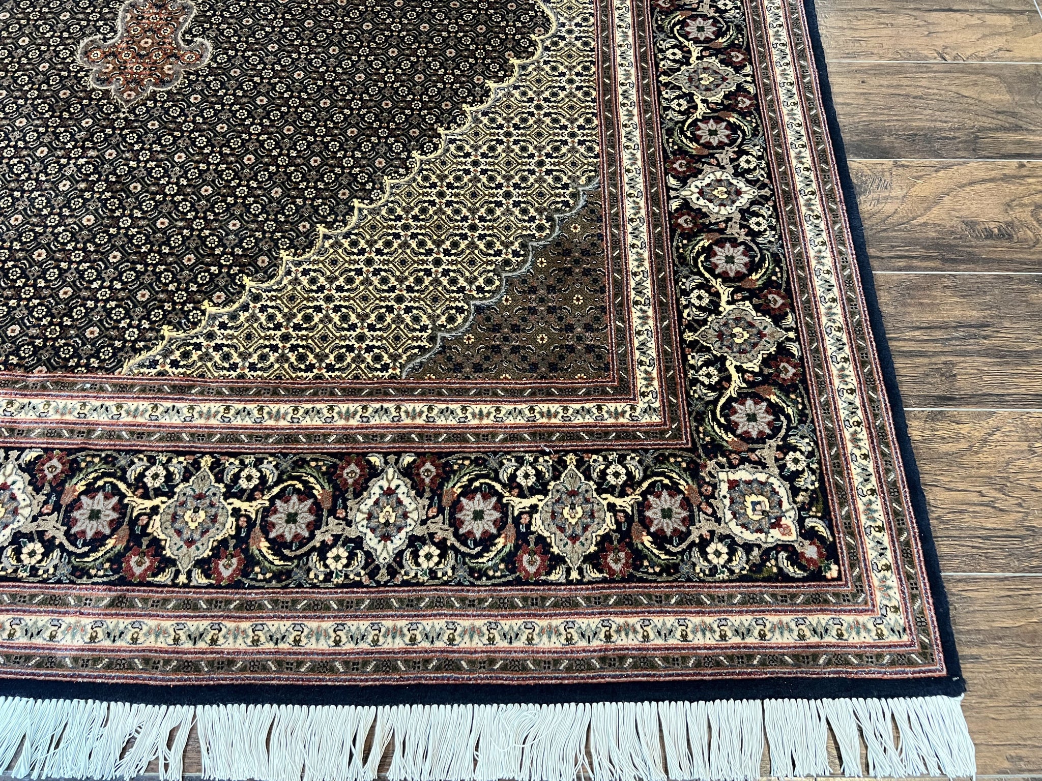 Persian Tabriz Rug 7x10, Very Fine 330 KPSI 50 Raj, Black and Beige, Handmade Wool Vintage Persian Carpet by Jewel Rugs