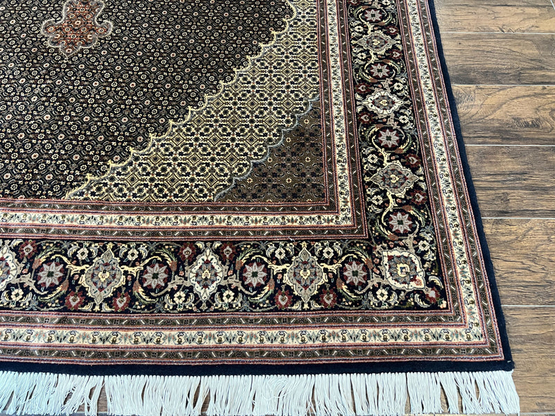 Persian Tabriz Rug 7x10, Very Fine 330 KPSI 50 Raj, Black and Beige, Handmade Wool Vintage Persian Carpet by Jewel Rugs