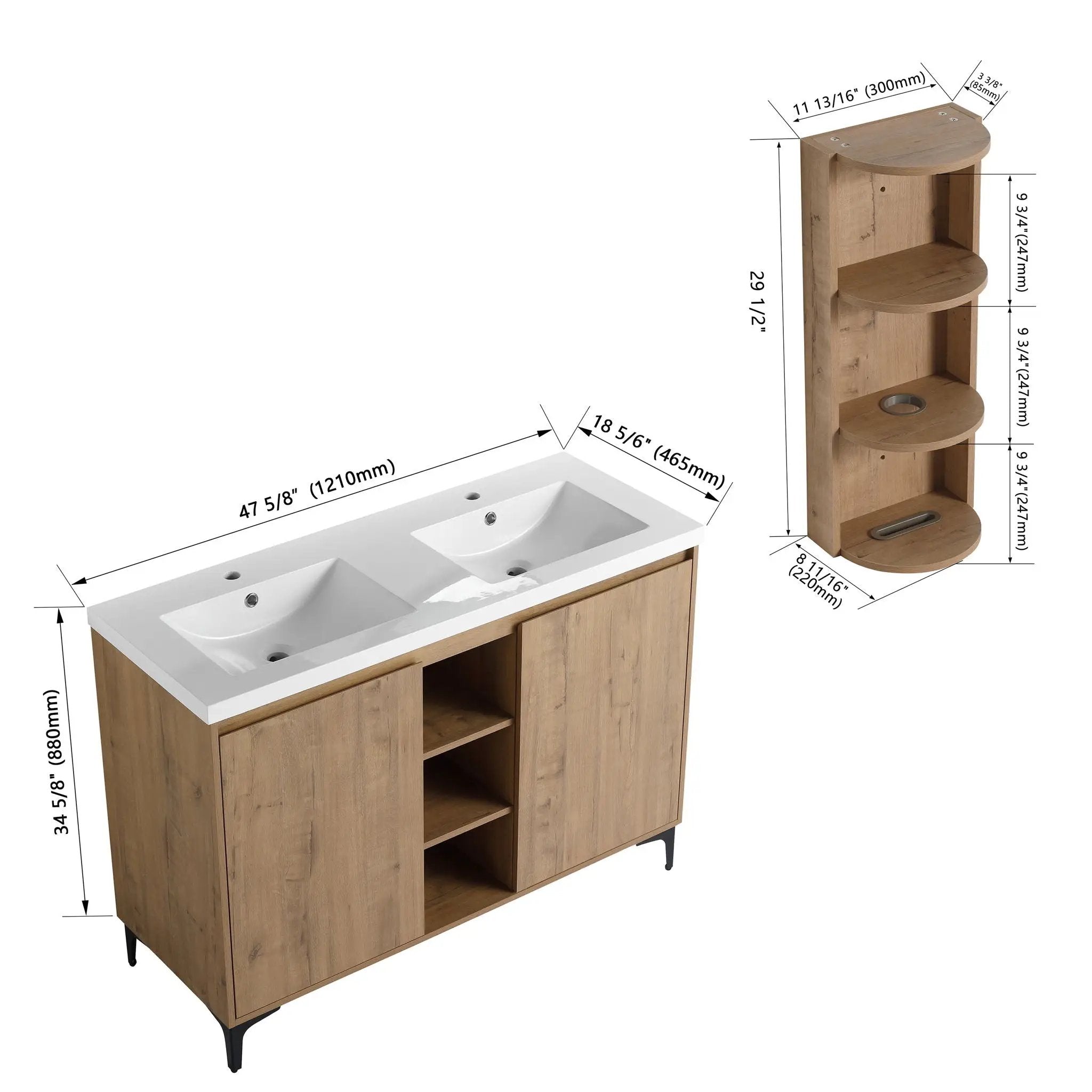 Elegant 48" Freestanding Bathroom Vanity With Double Resin Sink And Storage Rack Soft Close Doors - Imitative Oak by Unique Piece Furniture
