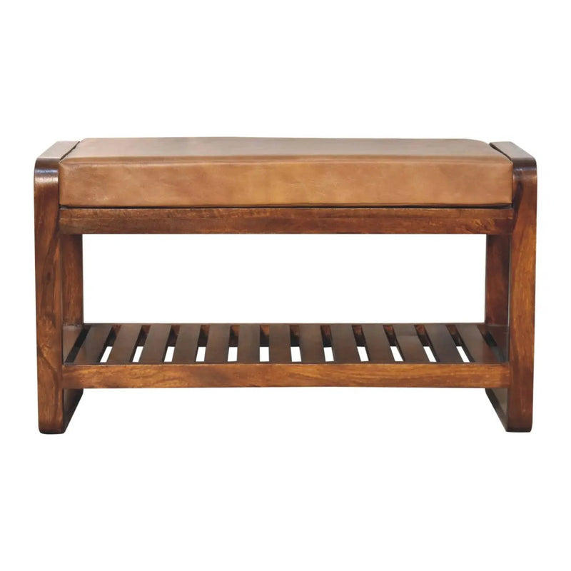Solid Wood Small Buffalo Slatted Bench, Leather Upholstered, Open Storage by HouseOfZazla