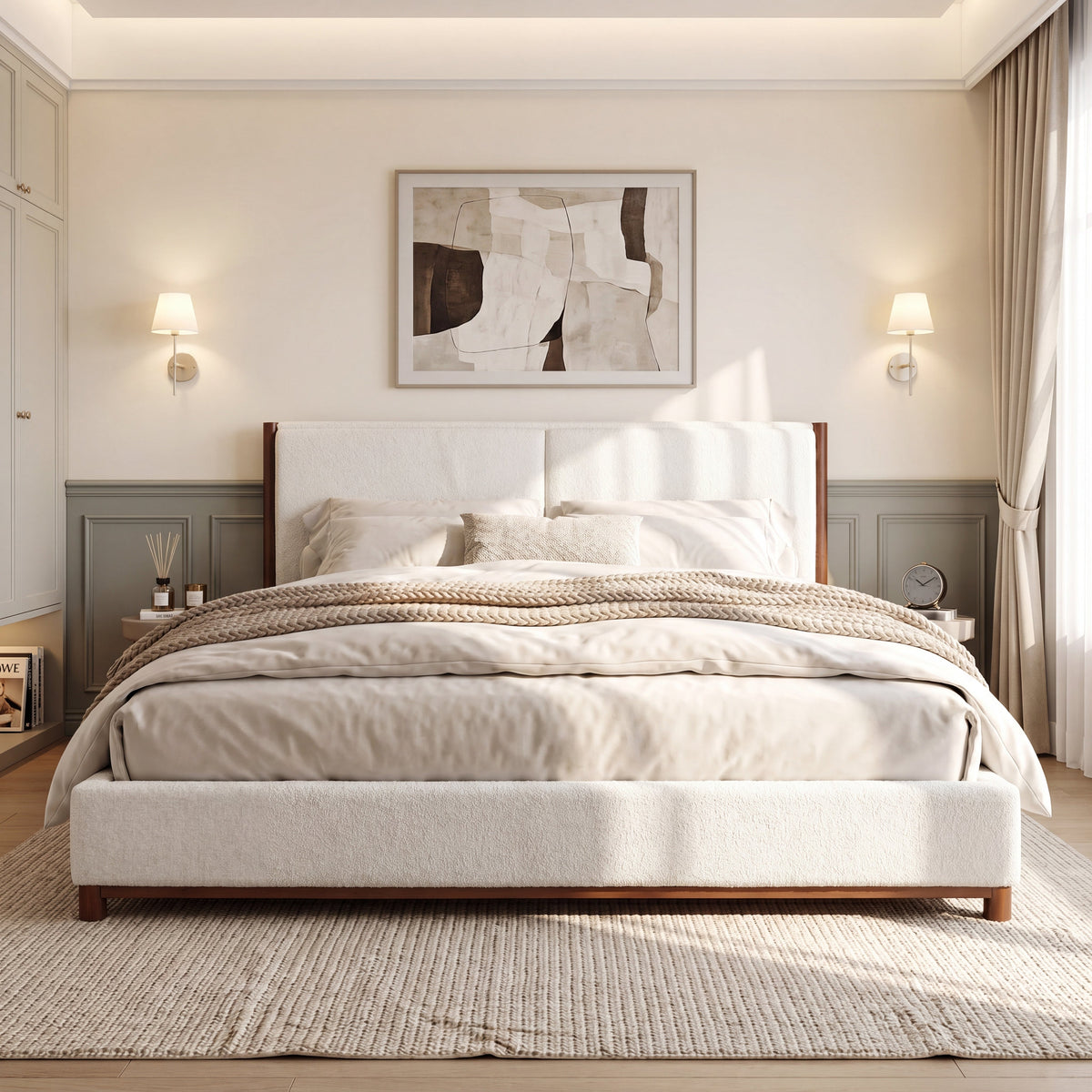 King Size Upholstered Bed Frame with Slat Support - White & Walnut, photo 4 of 10