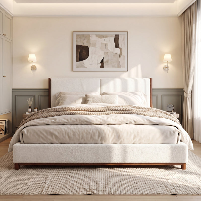 King Size Upholstered Bed Frame with Slat Support - White & Walnut, photo 4 of 10