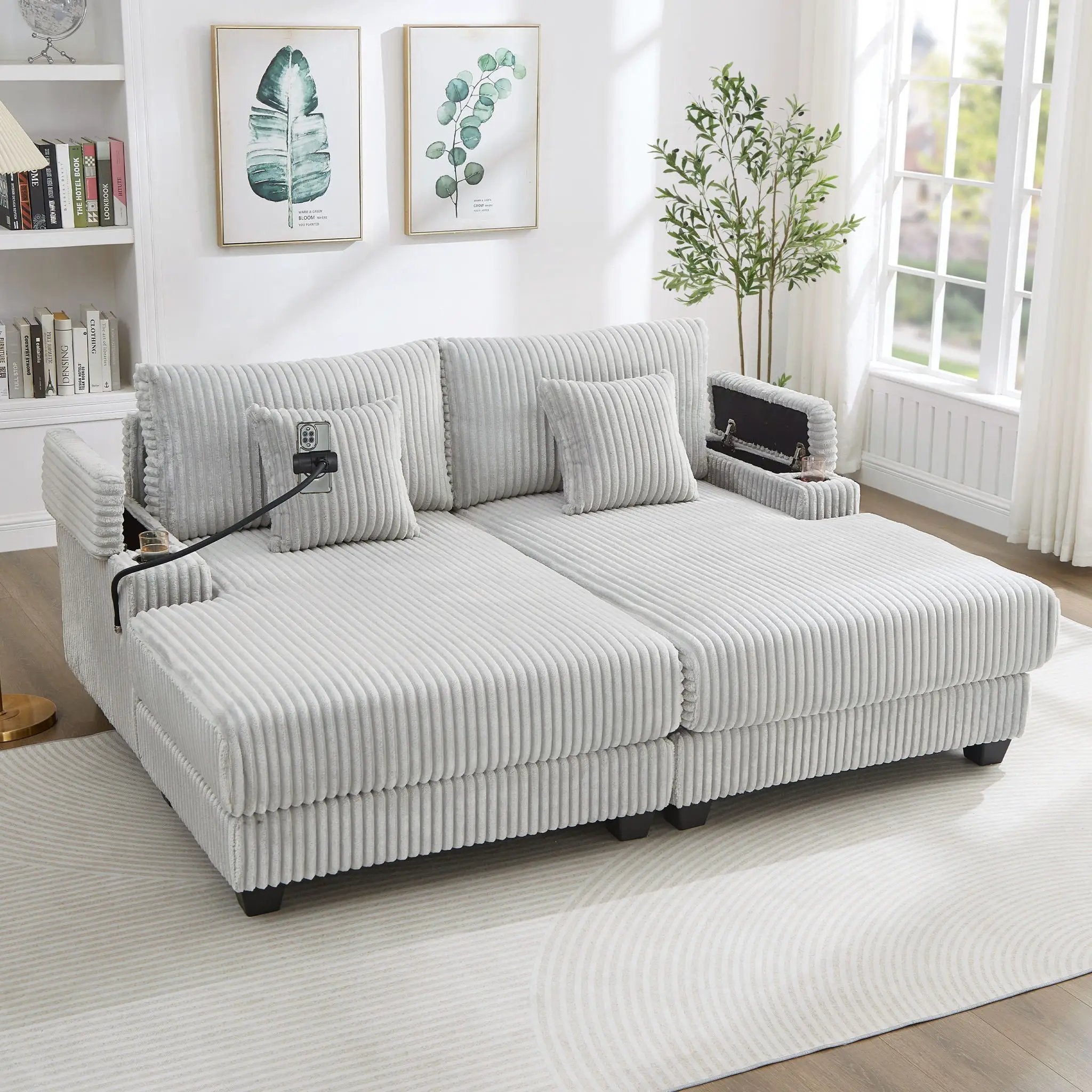 Modern Chaise Sofa With Adjustable Backrest, Cup Holders, Phone Holder & Storage Compartments For Living Room by Unique Piece Furniture