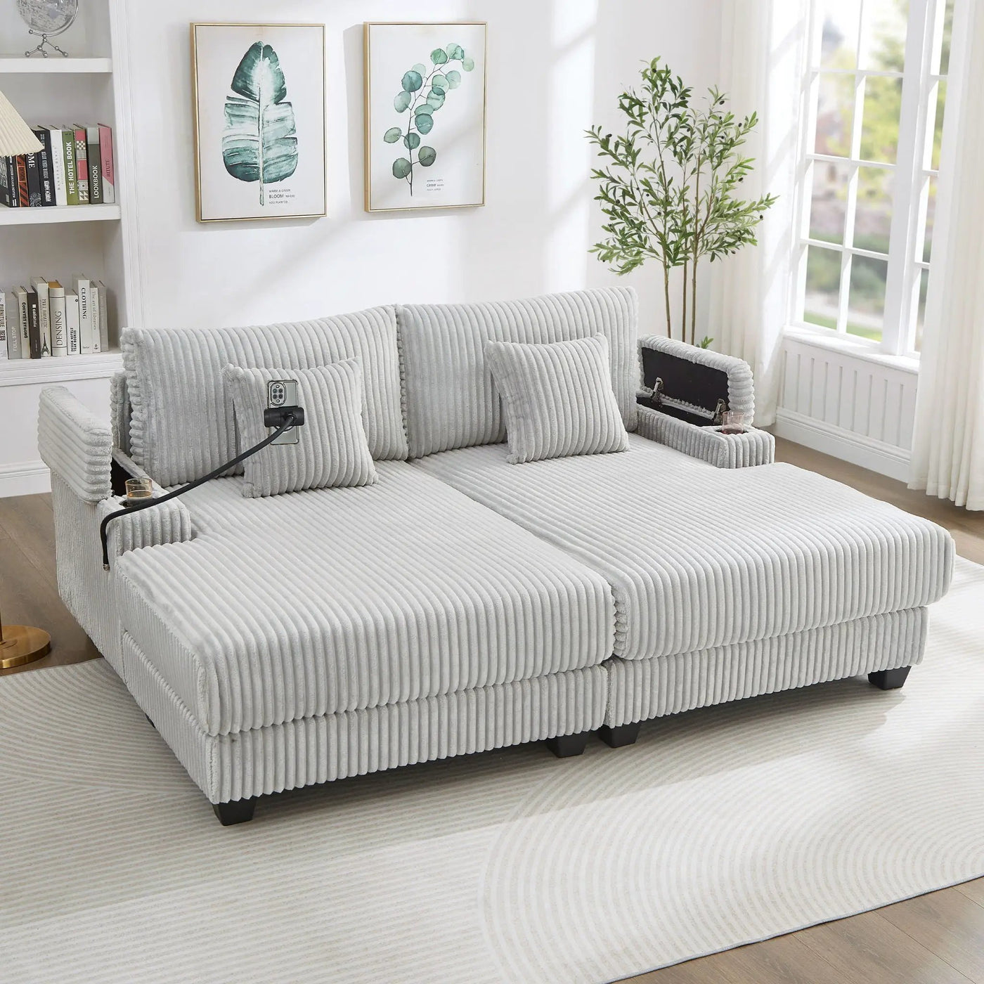 Modern Chaise Sofa With Adjustable Backrest, Cup Holders, Phone Holder & Storage Compartments by HouseOfZazla