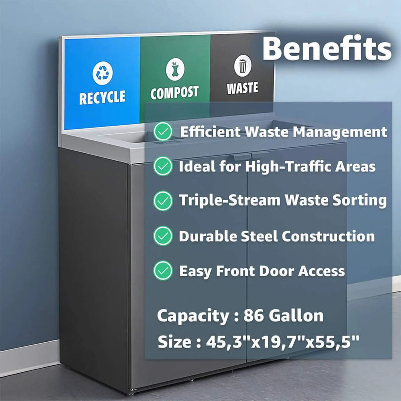 86-Gallon Heavy-Duty Commercial Steel Three-Stream Trash Can Cabinet With Panel (SAK96241) by SAKSBY WHOLESALE