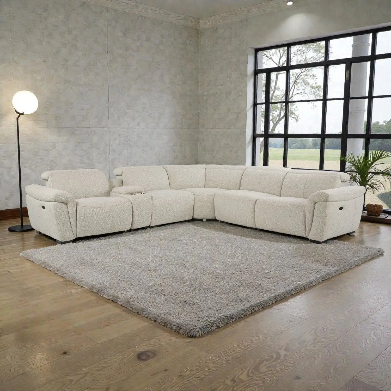 Dayana - Boucle Power Recliner Sectional Sofa For 5 People With Cupholder Console Adjustable Headrest - Beige by HouseOfZazla