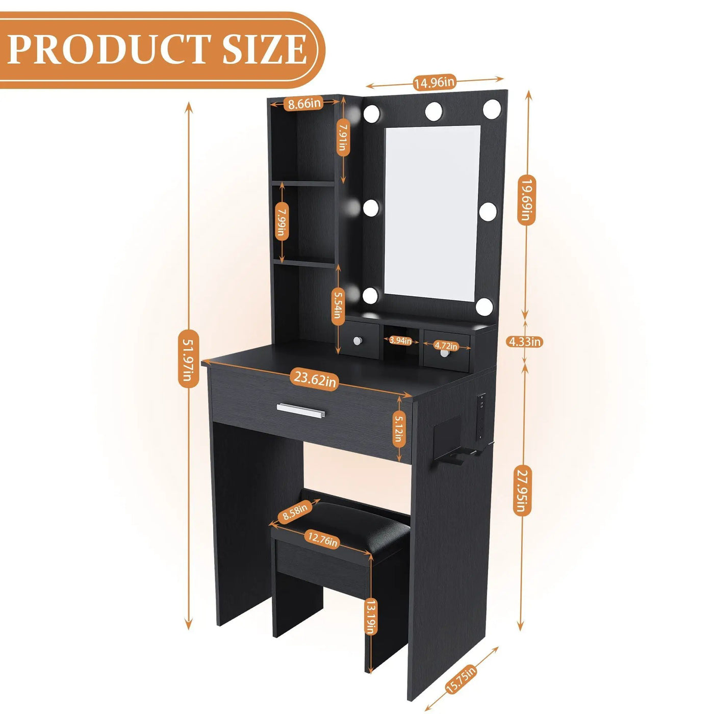 Vanity Table With Mirror, Adjustable LED Lights, Power Outlet, Hairdryer Holder & Stool by HouseOfZazla