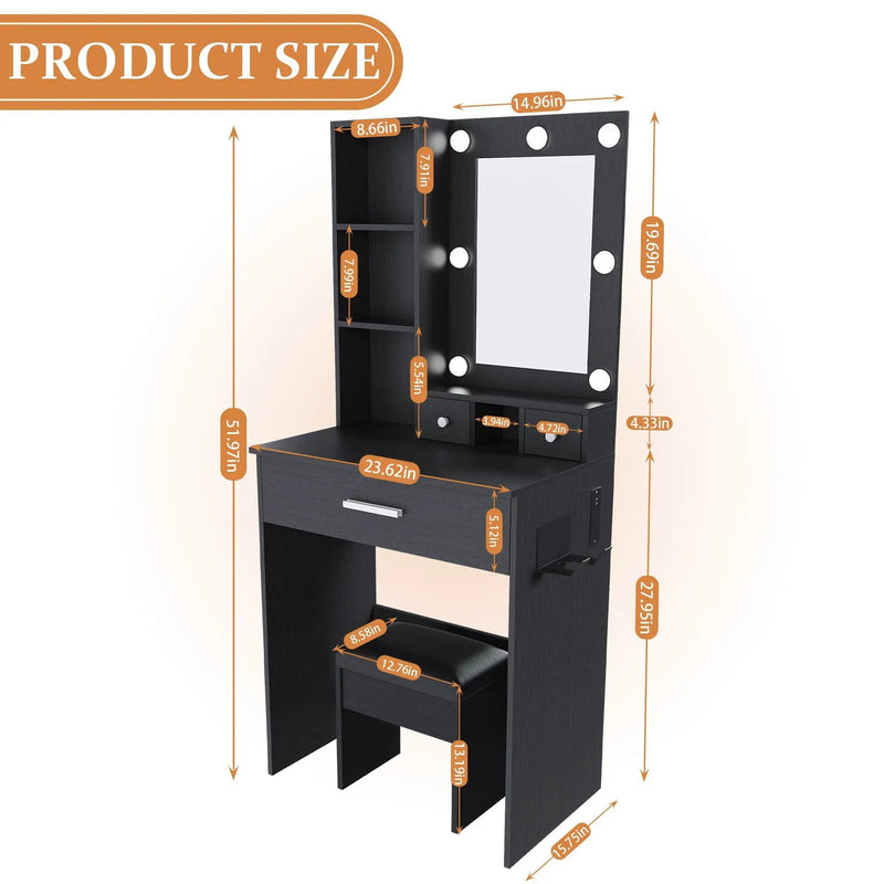 Vanity Table With Mirror, Adjustable LED Lights, Power Outlet, Hairdryer Holder & Stool by HouseOfZazla