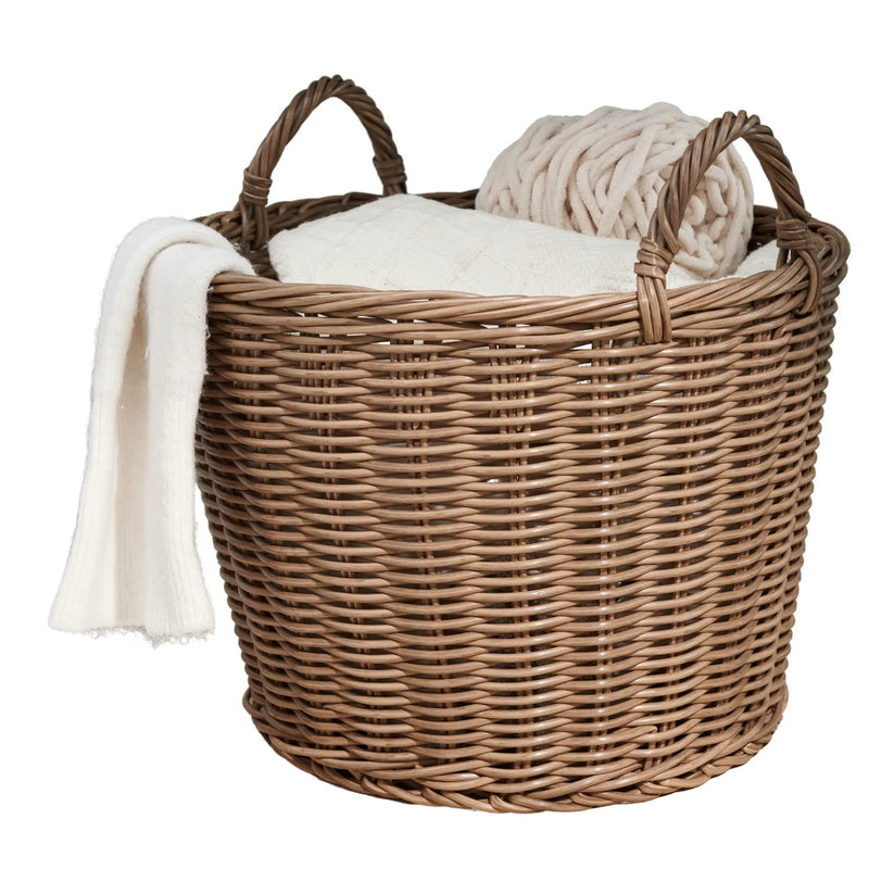 Round Cone Woven Resin Wicker Basket With Handles For Versatile Storage - Walnut Brown by HouseOfZazla
