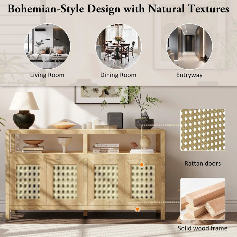 Bohemian Style Rattan Buffet Storage Cabinet with Solid Wood Frame by HouseOfZazla