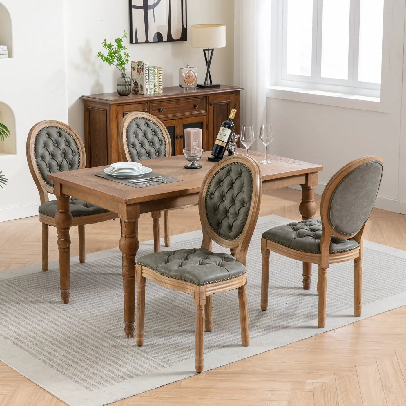 French Style Solid Wood Frame Antique Painting, Hand-Pulled Buckle Decoration Artificial Dining Chair With Nailhead Trim, Wood Legs by HouseOfZazla