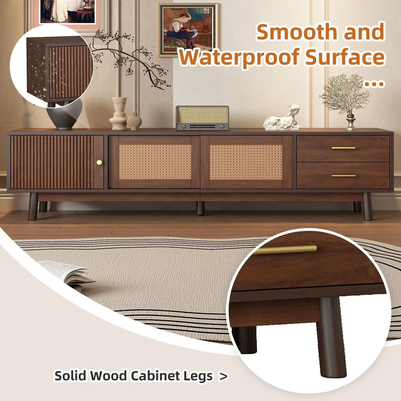 TV Stand For 80" TVs With Sliding Doors And Drawers, Accent Storage Unit - Dark Brown by HouseOfZazla