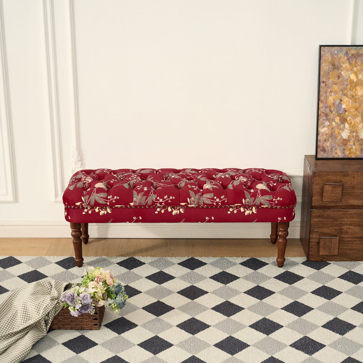 European Style Tufted Floral Bench with Turned Wood Legs - Wine Red, Green, Tiffany Blue, photo 4 of 10