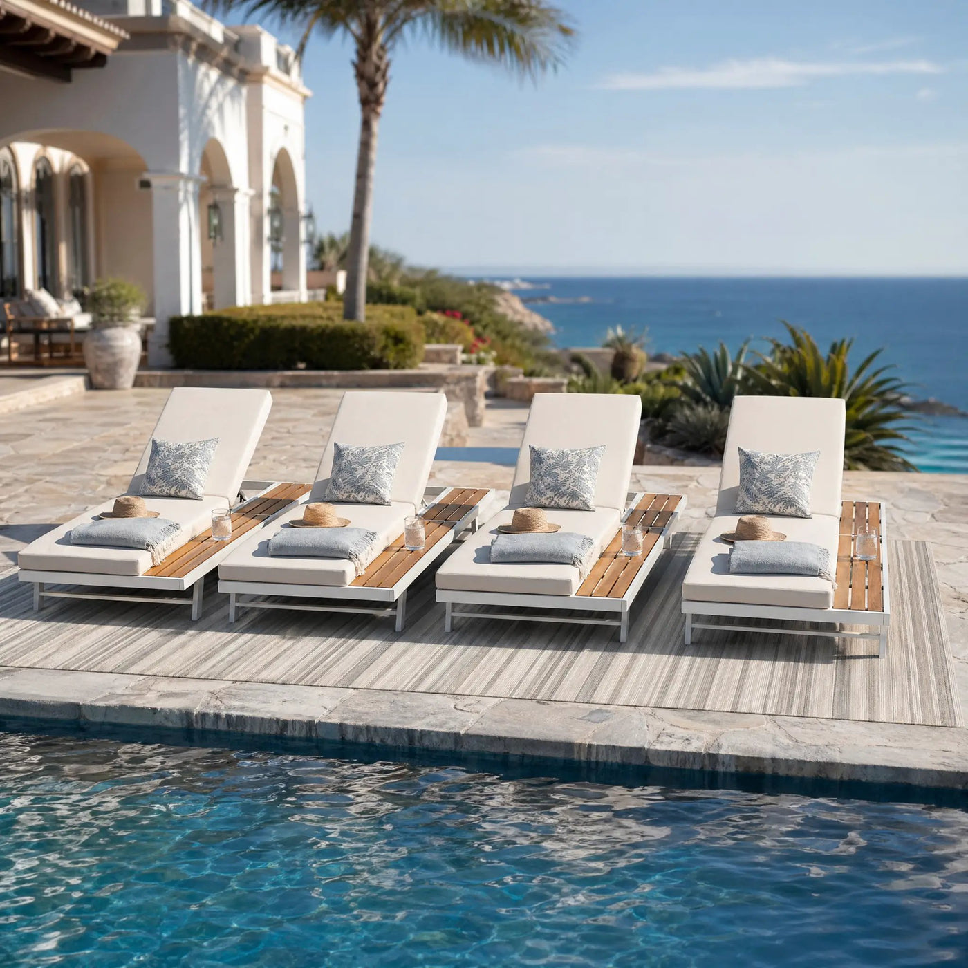 White Iron and Teak Finish Chaise Lounge Set with Cream Cushion by HouseOfZazla